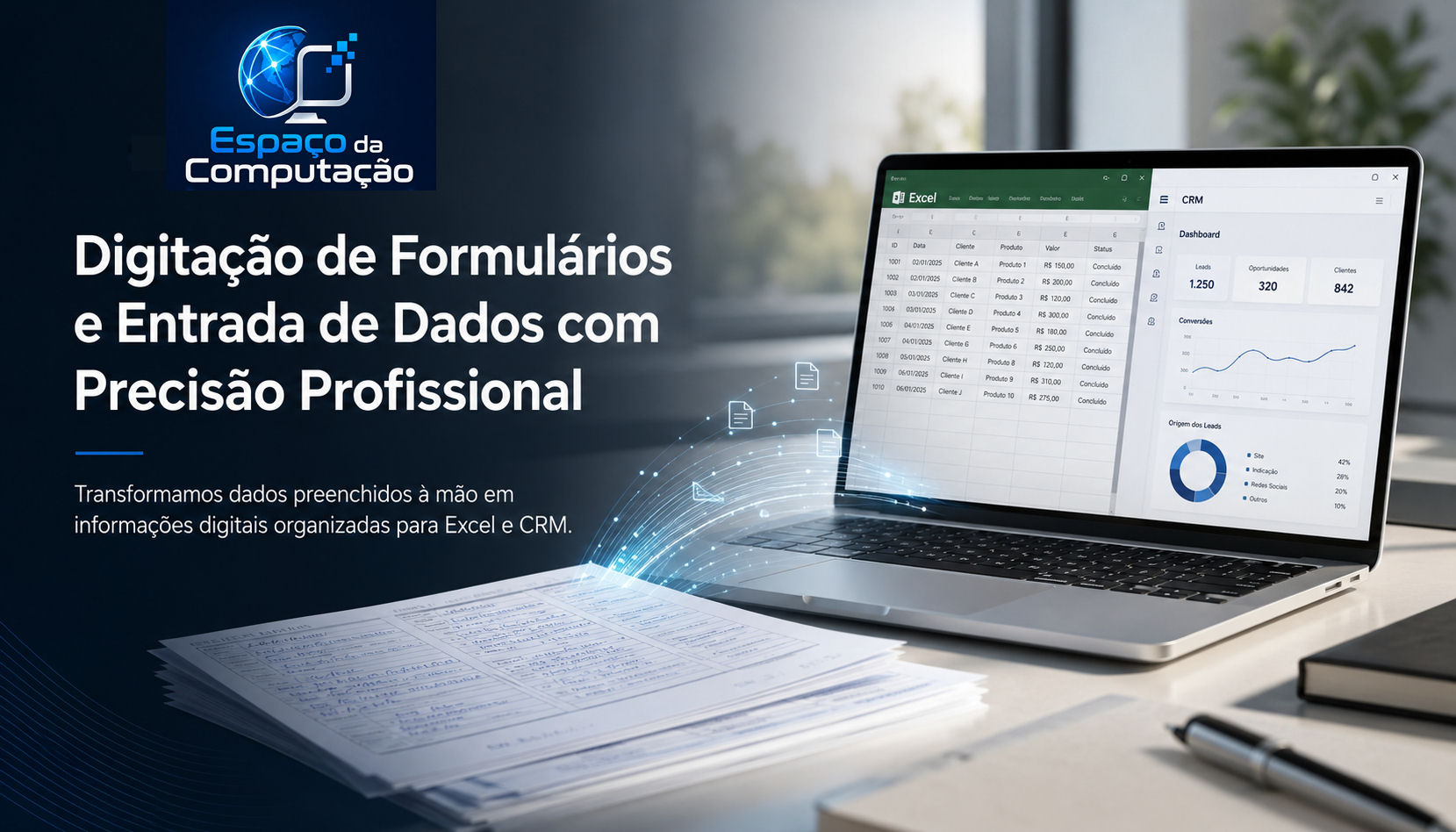 Digitação de formulários e entrada de dados para Excel e CRM com organização profissional